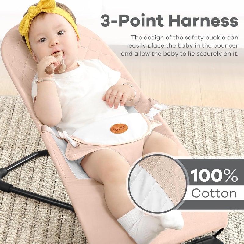 HKAI Baby Bouncer, Portable Baby Bouncer Seat for Babies 0-18 Months, 100% Cotton Fabrics, 3 Modes of use with Rocker and Stationary Options, Infant Rocker Chair with Hanging Toys-Organic Oat - Image 4